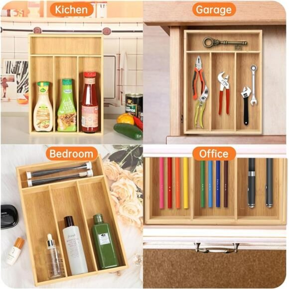 Bamboo drawer organizer silverware tray utensil holder cutlery storage divider - Picture 6 of 7